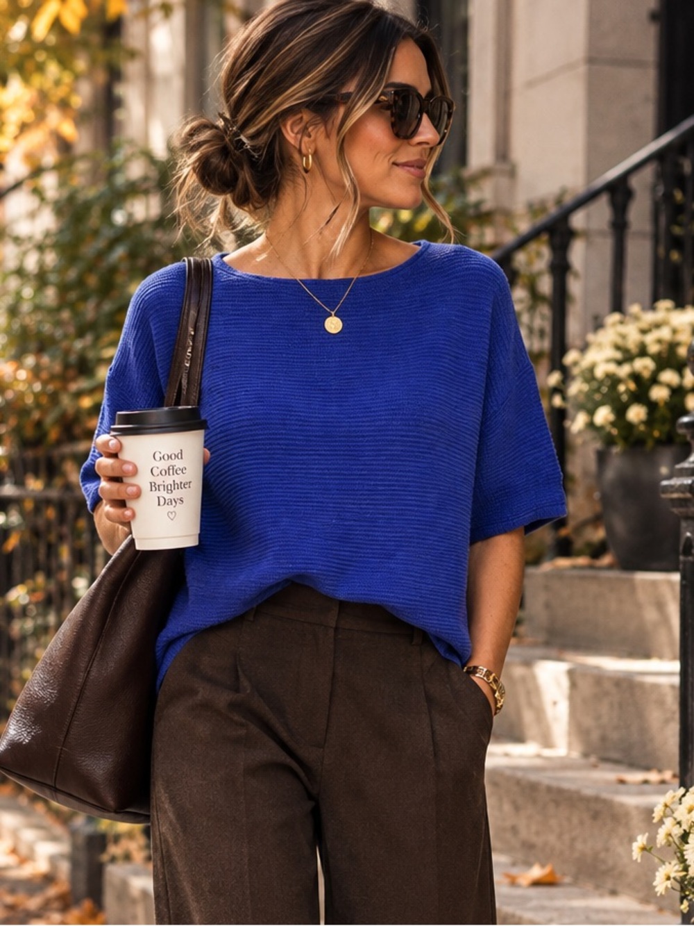 Eileen Fisher Cobalt Blue Organic Linen Cotton Knit Top Size M